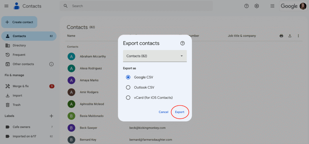 export gmail contacts to csv for excel